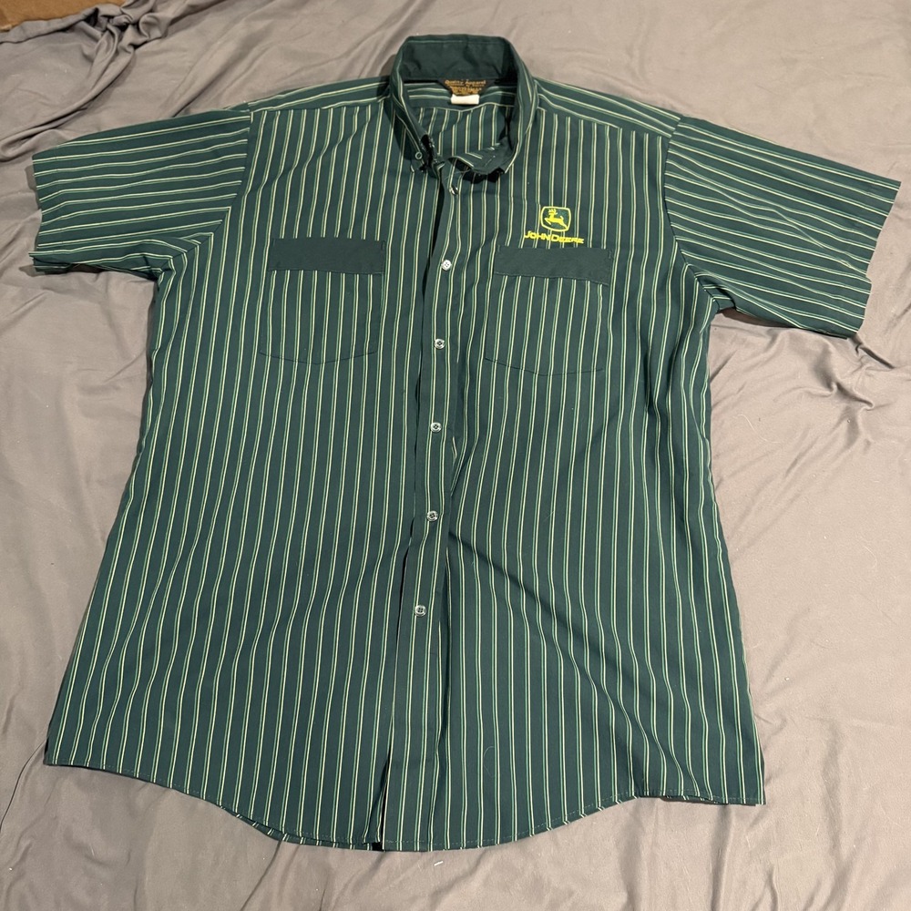 John Deere Shirt Mens XL Green Stripe Short Sleeve Button Up Workwear Farm